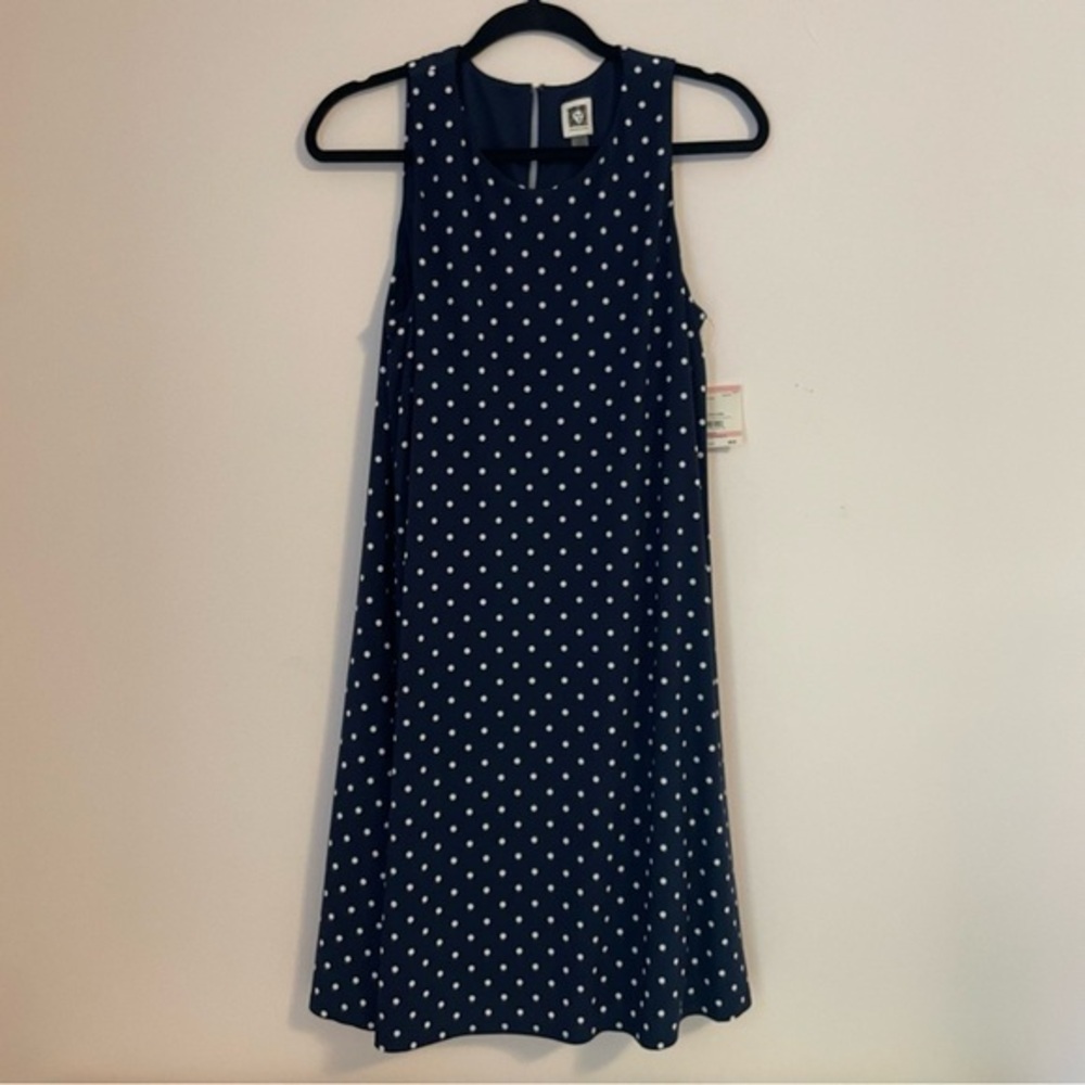 Anne Klein Navy White Polka Dot A-Line‎ Swing Dress Sleeveless Size 10 NWT